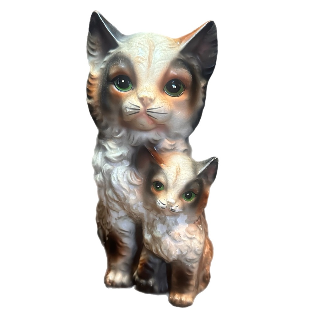 Vintage 50s MCM Fluffy Balinese Siamese Mama Cat with Baby Kitten Planter